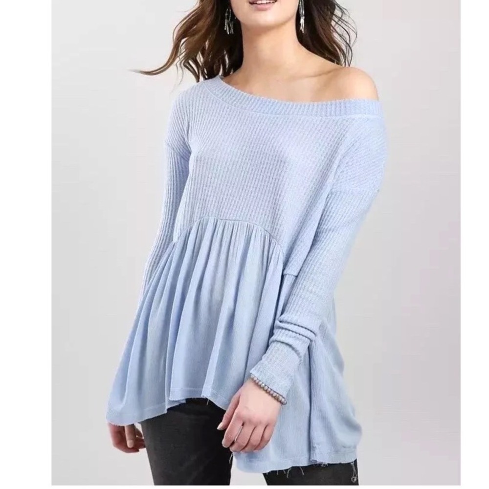 DAYTRIP BUCKLE Blue THERMAL KNIT Off-The-Shoulder RAW HEM Babydoll BLOUSE/TOP XL
